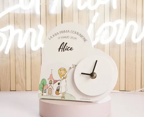 Bomboniera Comunione Battesimo Cresima Claraluna OROLOGIO CUORE c on scritta personalizzabile