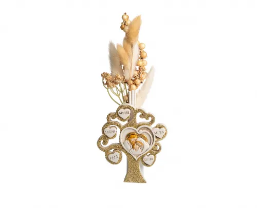 Icona Profumatore Albero della Vita con Sacra Famiglia, glitter in oro, pampas decorative, bomboniera elegante con box regalo.