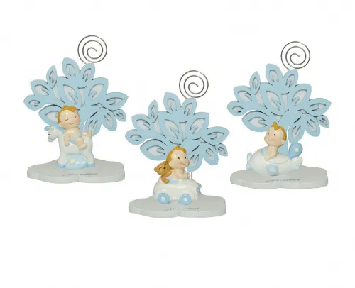 Bomboniera Harmony nascita e battesimo albero della vita celeste con bimbo resina con automezzi assortito in 3 modelli
