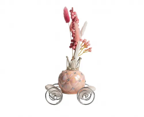 Profumatore carrozza rosa perlata con strass e corona argentata, bomboniera elegante per eventi speciali, con box regalo e fazzoletto bianco.