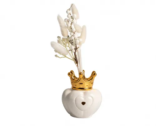 Profumatore LED in porcellana bianca con cuore, corona dorata e box regalo bianco. Elegante idea regalo.