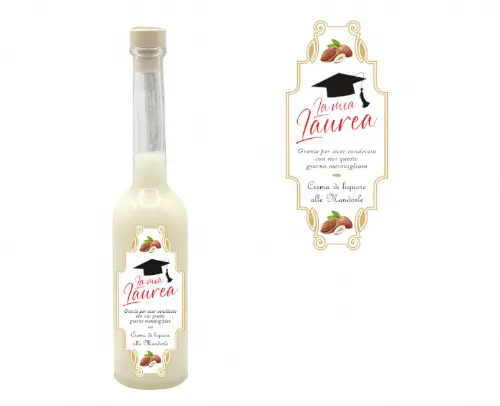 Bottiglia di vetro con crema di liquore alle mandorle da 100 ml, bomboniera per laurea con etichetta elegante e cappello di laurea