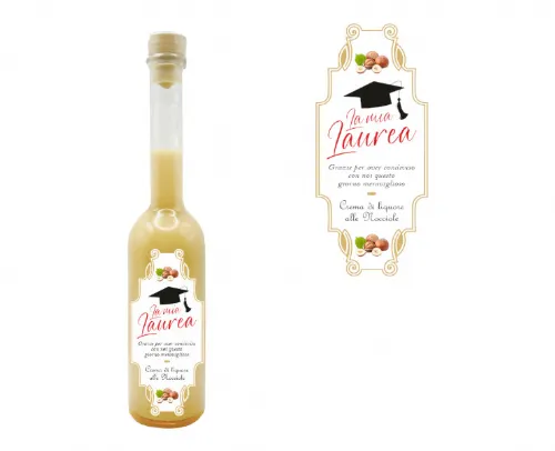 Bottiglia di vetro con crema di liquore alle nocciole da 100 ml, bomboniera per laurea con etichetta elegante e cappello di laurea