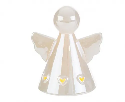 Angelo in porcellana LED bianco perlato con dettagli luminosi a forma di cuori, dimensioni 8x6x9,5 cm, con confetti Maxtris e shopper elegante.