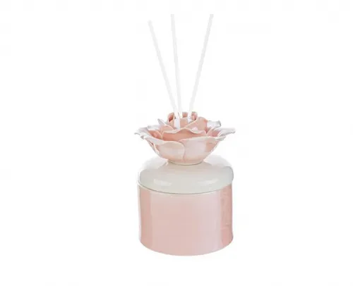 Profumatore rosa in porcellana rosa decorato con dettagli eleganti, ideale come bomboniera per matrimoni e anniversari, completo di astuccio.