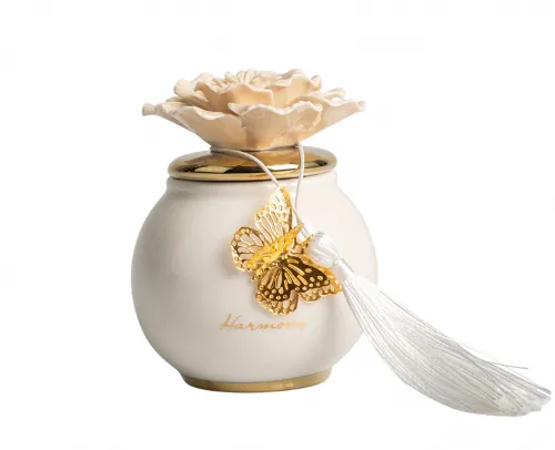 Bomboniera Matrimonio Harmony Scatola Tonda in Porcellana Bianca con Coperchio Oro e Fiore Tortora grande