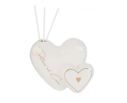 Profumatore cuore in porcellana bianco con dettagli dorati, diffusore d'aromi con astuccio elegante, ideale come bomboniera per matrimoni e anniversari.