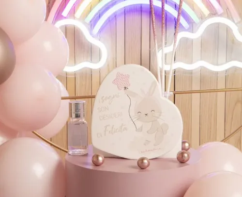 Bomboniera Nascita Battesimo Claraluna diffusore cuore con coniglietto rosa