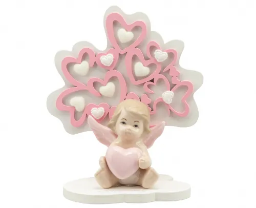 Bomboniera Nascita e Battesimo Harmony albero della vita cuori rosa medio con angelo porcellana rosa