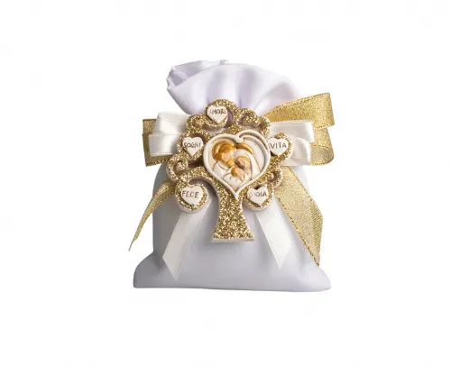 sacchetto con MAGNETE ALBERO DELLA VITA CON SACRA FAMIGLIA CON GLITTER IN GOLD