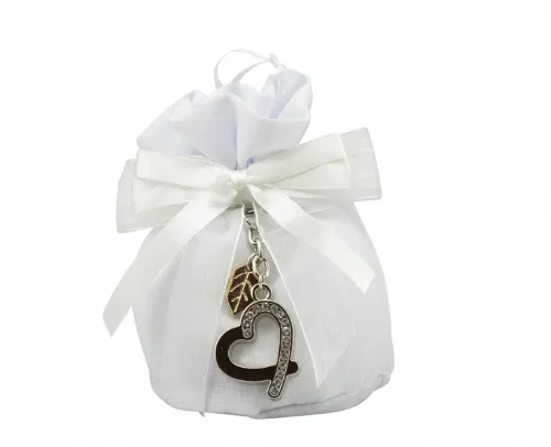 Sacchetto harmony 2024 cotone bianco base tonda con tiranti con portachiavi cuore con strass