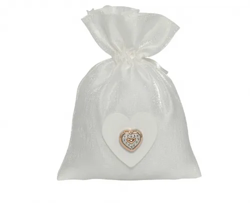 Sacchetto harmony SACCHETTO LUCIDO BIANCO CON TIRANTI CON APPLICAZ. CUORE LEGNO E CUORE CON BRILLANTI