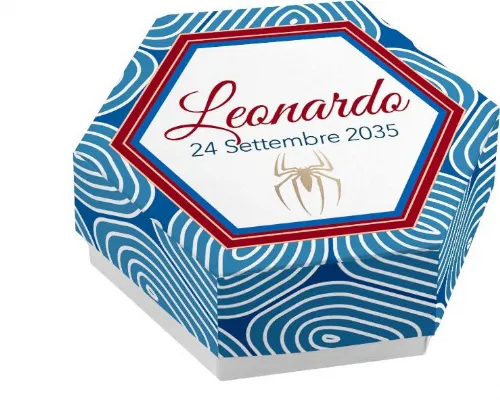 Scatolina porta confetti personalizzata eagonale fantasia onde blu simbolo spiderman