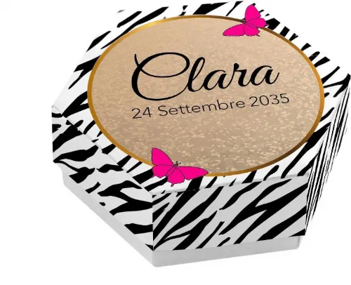 Scatolina porta confetti personalizzata eagonale trama zebrata con farfalle rosa