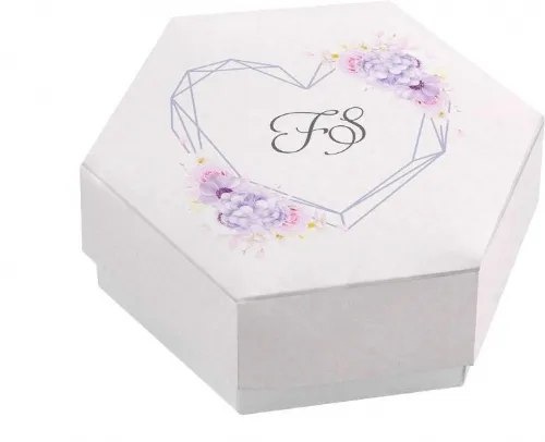 Scatolina porta confetti personalizzata esagonale con cuore stilizzato e decoro floreale