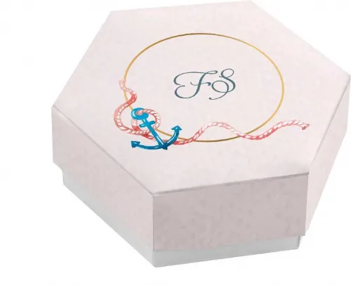 Scatolina porta confetti personalizzata esagonale decoro ancora blu