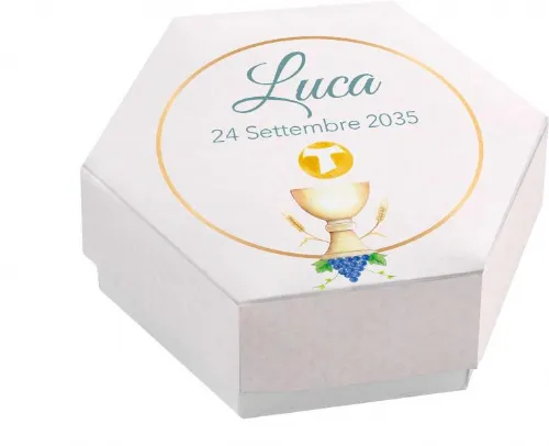 Scatolina porta confetti personalizzata esagonale decoro calice con rosario e uva