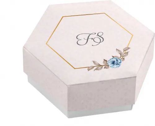 Scatolina porta confetti personalizzata esagonale decoro floreale blu