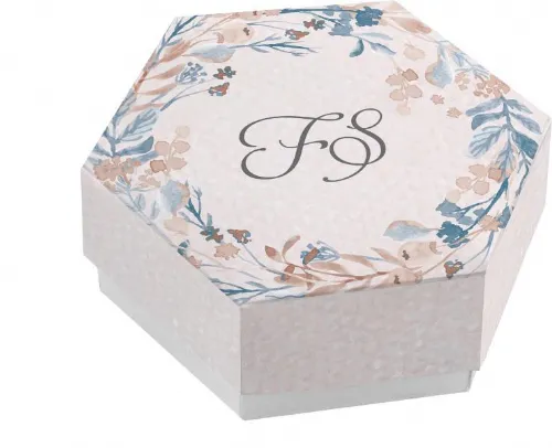 Scatolina porta confetti personalizzata esagonale decoro floreale blu e tortora
