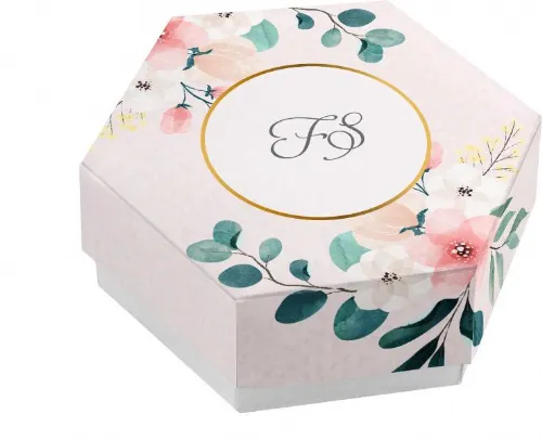 Scatolina porta confetti personalizzata esagonale decoro floreale rosa bianco