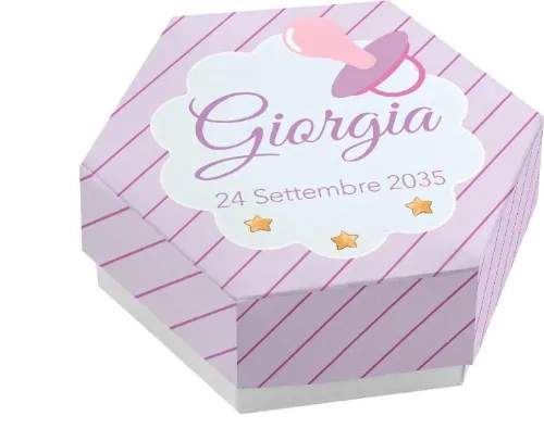 Scatolina porta confetti personalizzata esagonale rosa con righe e ciuccio