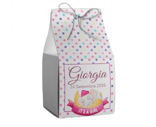 Scatolina porta confetti personalizzata quadrata a pois rosa con elefantino