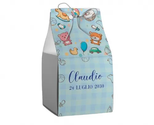 Scatolina porta confetti personalizzata quadrata blu decoro orsetti