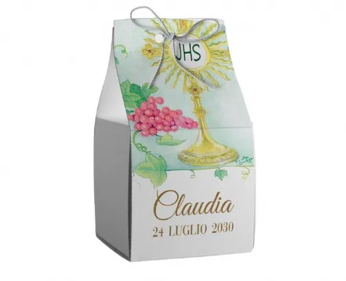 Scatolina porta confetti personalizzata quadrata decoro calice JHS uva