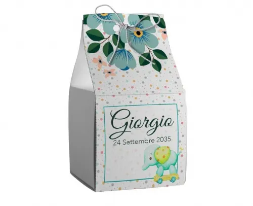 Scatolina porta confetti personalizzata quadrata decoro floreale con elefantino