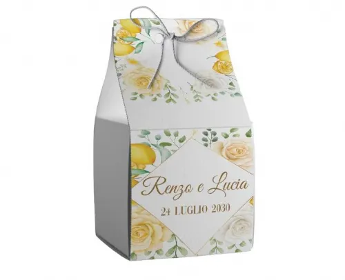 Scatolina porta confetti personalizzabile per matrimoni ed eventi, elegante design con stampa nomi e data, disponibile confezionata con confetti o da assemblare.