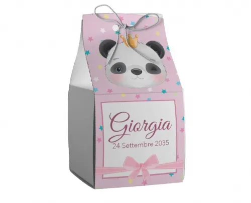 Scatolina porta confetti personalizzata quadrata rosa con panda