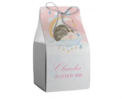 Scatolina porta confetti personalizzata quadrata rosa con riccio su nuvola e luna