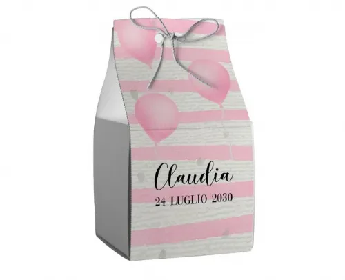 Scatolina porta confetti personalizzata quadrata rosa decoro palloncini