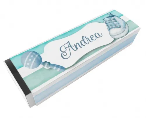 Scatolina porta confetti personalizzata rettangolare blu con scarpetta e maracas
