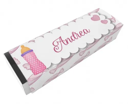 Scatolina porta confetti personalizzata rettangolare rosa con biberon