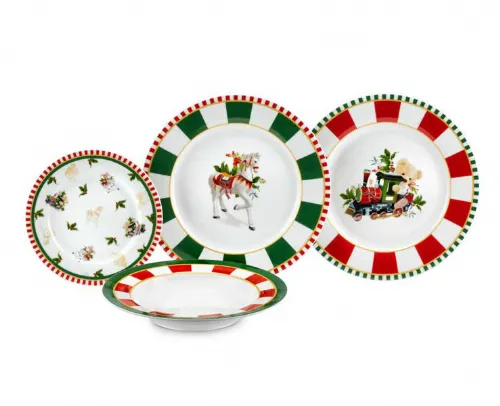 Set Tavola 18 Pezzi in Ceramica - Decorazioni Natalizie con Treno e Cavallo a Dondolo