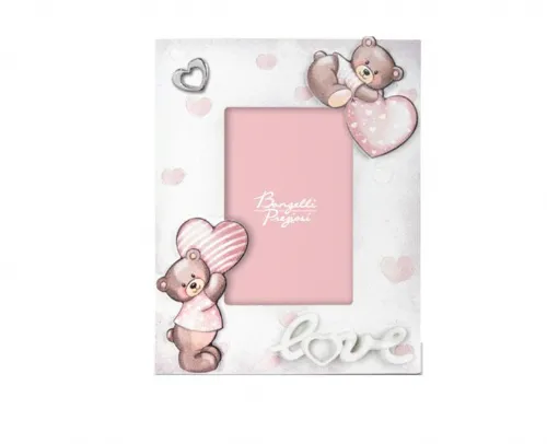 Portafoto Battesimo Nascita Bongelli orsetto rosa con cuore argento