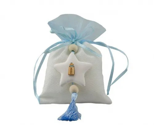 sacchetto cotone bicolore con applicazione stella gessetto e biberon legno celeste